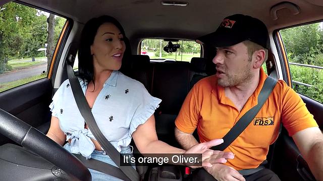 Busty British babe sucks off and rides her tutor in car