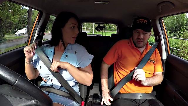 Busty British babe sucks off and rides her tutor in car