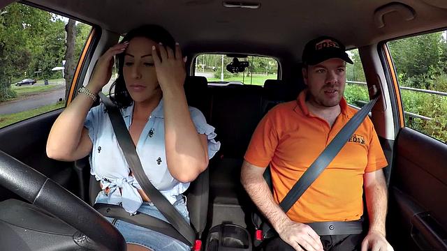 Busty British babe sucks off and rides her tutor in car