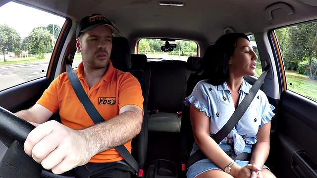 Busty British babe sucks off and rides her tutor in car