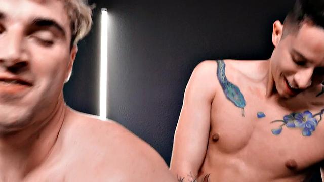 Inked jock raw pounding and riding stud for jizz