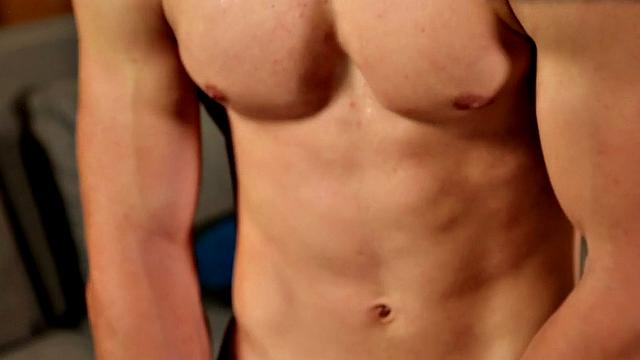 Muscled newbie teases balls while shaft in solo