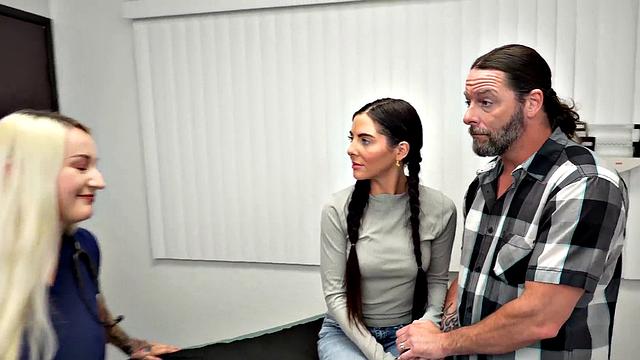 Horny blonde cuckold watches as doctor pounds his wife while nurse watches in panties