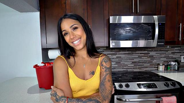 Raunchy tattooed Latina maid fucked by boss at home