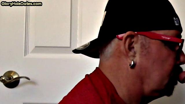 Homemade DILF sucks gloryhole pecker in closeup