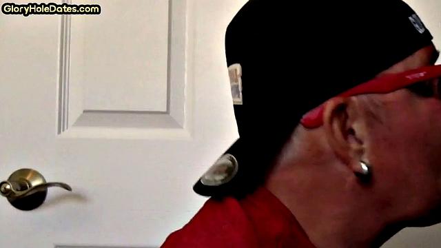 Homemade DILF sucks gloryhole pecker in closeup