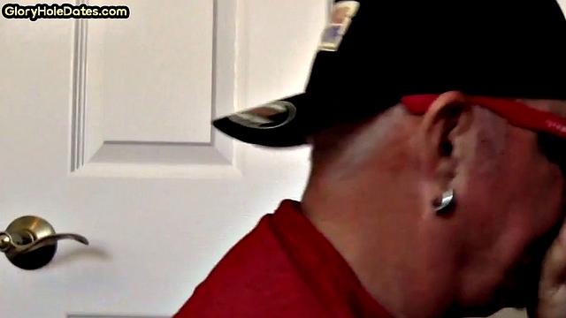 Homemade DILF sucks gloryhole pecker in closeup