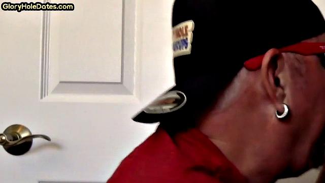Homemade DILF sucks gloryhole pecker in closeup