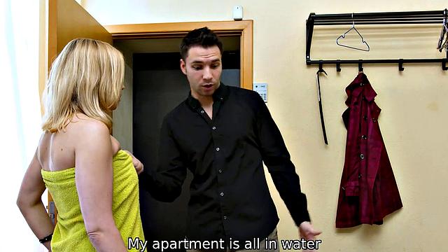 MATURE4K. Charmer is carnal with neighbor in payment for flooding him