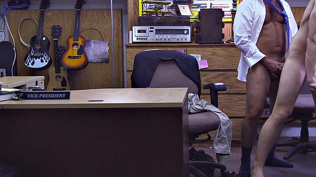 Businessman in suit rims and fucks pawnshop owner