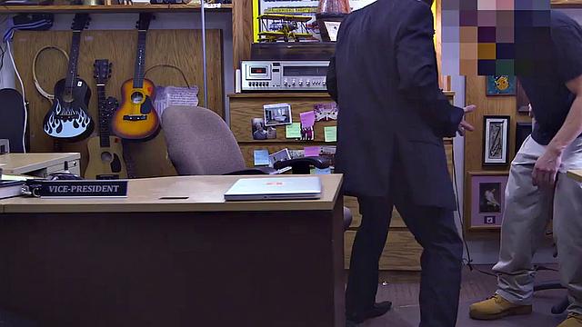 Businessman in suit rims and fucks pawnshop owner