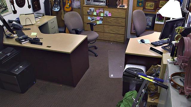 Businessman in suit rims and fucks pawnshop owner