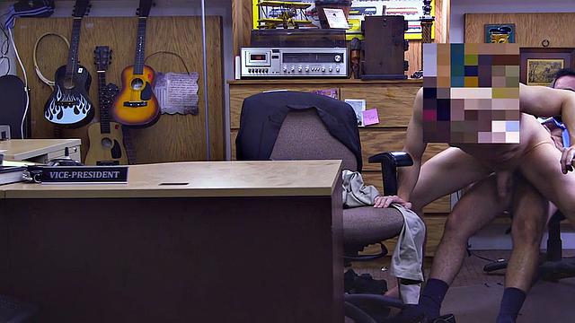 Businessman in suit rims and fucks pawnshop owner