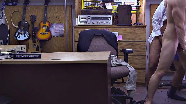 Businessman in suit rims and fucks pawnshop owner