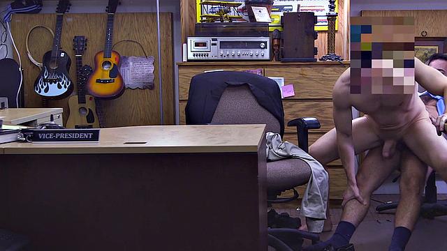 Businessman in suit rims and fucks pawnshop owner