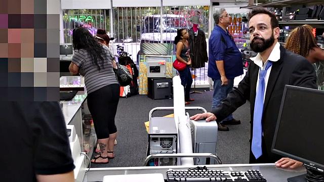 Businessman in suit rims and fucks pawnshop owner