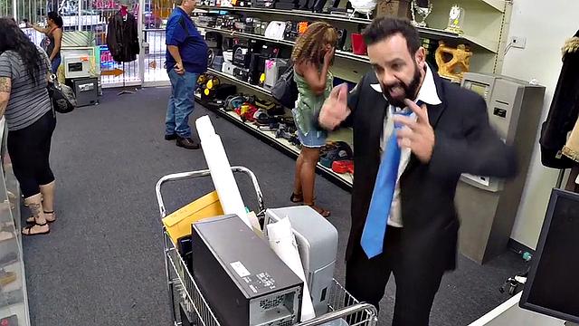 Businessman in suit rims and fucks pawnshop owner