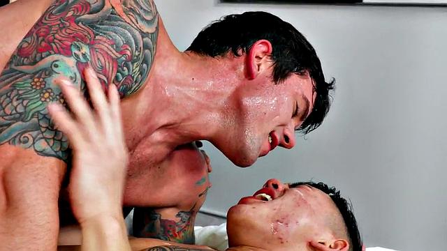 Rimjob inked stud drills Asian asshole till cum in mouth