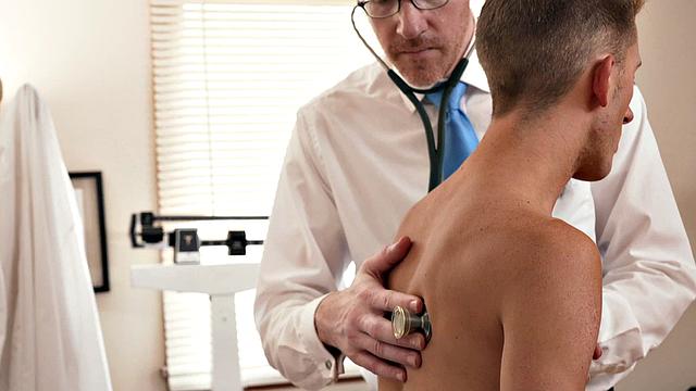 Gay doctor toys and fingers skinny twink in infirmary