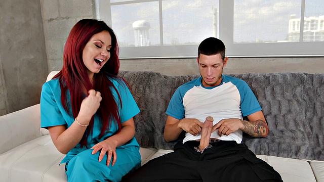 Nurse Titfuck goes wild with her big tits and handjob skills in the living room