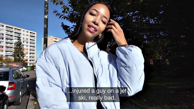 Ebony babe riding driver in POV