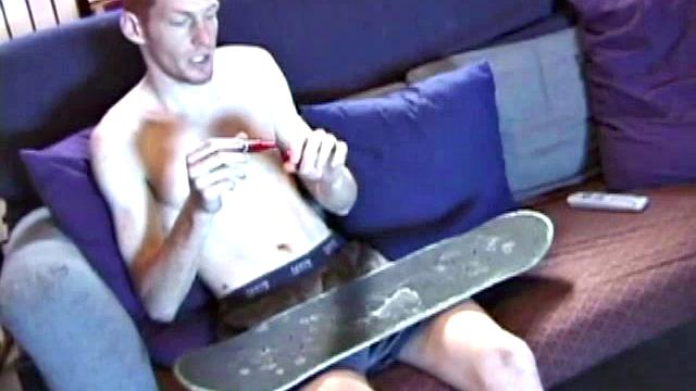 When young amateur Tristian gets naked his rock hard cock pops out and he starts stroking it. He gives his stiff meat a good workout, and then pumps out a cum load onto his face.