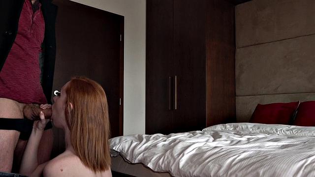 Redhead babe sucks and rides big cock for extra cash