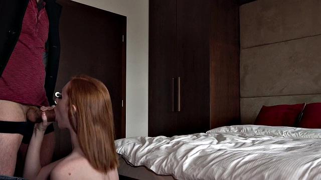 Redhead babe sucks and rides big cock for extra cash