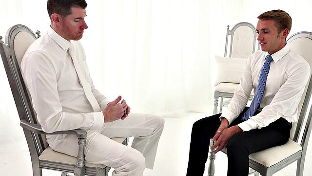 White suit DILF fingers stud's greedy asshole