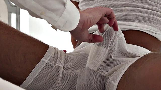 White suit DILF fingers stud's greedy asshole