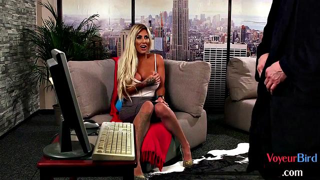 Voyeur busty MILF in lingerie teases man jerking on her