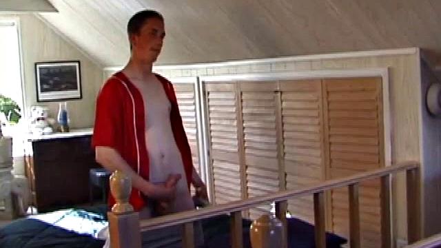 Derek is rubbing his cock through his sweat pants, before stripping them off to show us what he's packing. With the remote control in one hand and his lubed meat in the other, Derek comments on the size of his cock, asking if we like it.