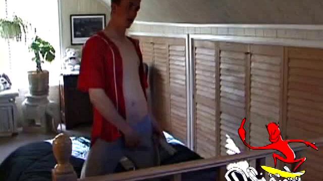 Derek is rubbing his cock through his sweat pants, before stripping them off to show us what he's packing. With the remote control in one hand and his lubed meat in the other, Derek comments on the size of his cock, asking if we like it.