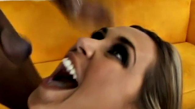 Tasty brunette takes in horny interracial sex.