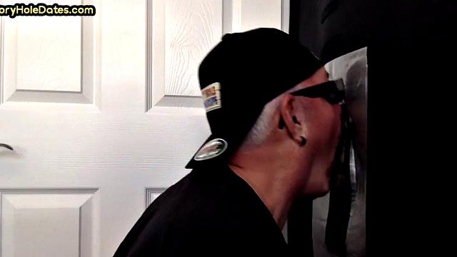 Gloryhole guy loves jerking big dick while sucking it