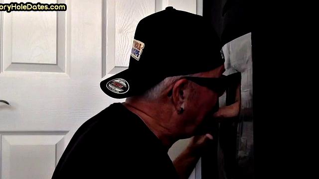 Gloryhole guy loves jerking big dick while sucking it