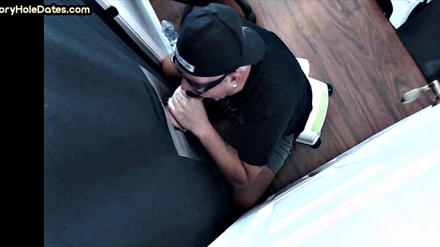 Gloryhole guy loves jerking big dick while sucking it