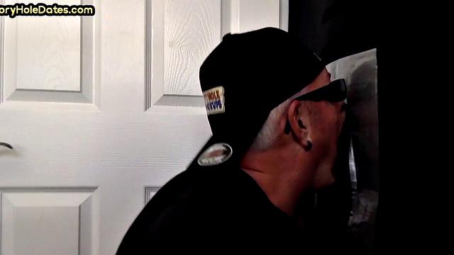 Gloryhole guy loves jerking big dick while sucking it