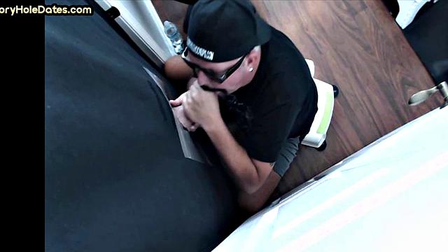 Gloryhole guy loves jerking big dick while sucking it