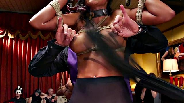 Bondage sub whipped and fucked in front of bdsm group