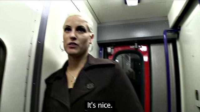 Blonde bombshell takes stranger's cock in her tight pussy on a train