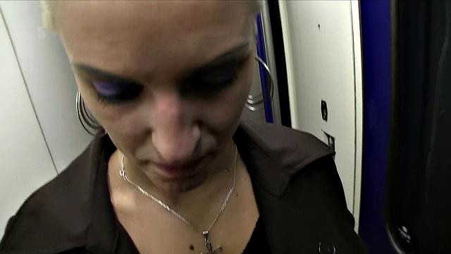 Blonde bombshell takes stranger's cock in her tight pussy on a train