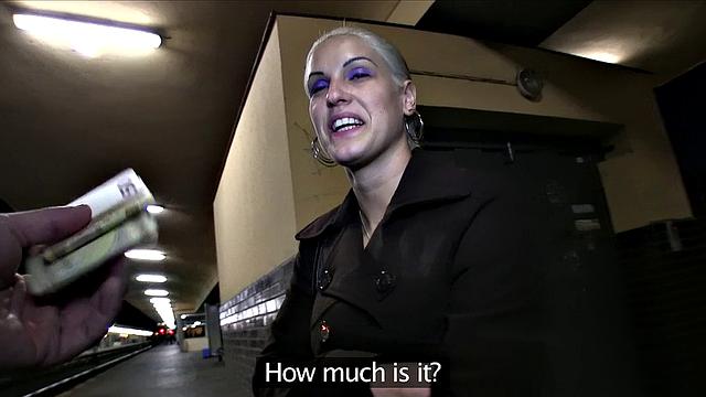 Blonde bombshell takes stranger's cock in her tight pussy on a train