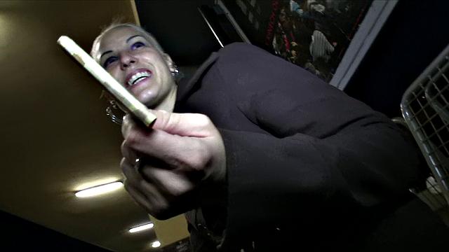 Blonde bombshell takes stranger's cock in her tight pussy on a train