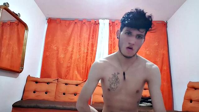 This time we find Pervert Boy in the living room, where his pants quickly hit the floor and he pushes his underwear down just enough to grab that stiff cock of his.