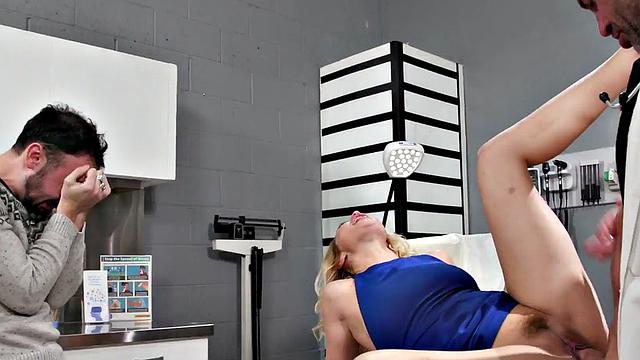 Hairymuff busty babe pounded by doctor while boyfriend watches