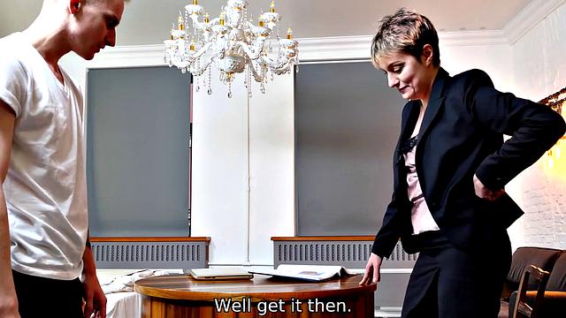 TUTOR4K. Lesson with new literature tutor ends for smart fellow with sex