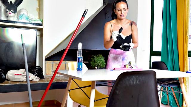 Watch this tattooed maid with braces get her pussy and mouth pleasured before kinky sex in the bedroom