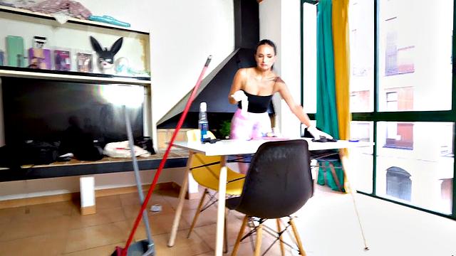 Watch this tattooed maid with braces get her pussy and mouth pleasured before kinky sex in the bedroom