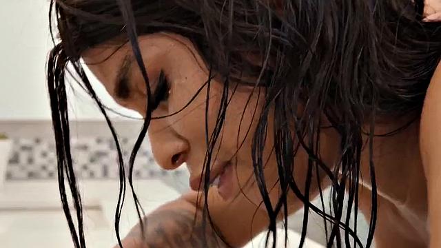 Busty Black bae fucked in bathroom by lucky white guy